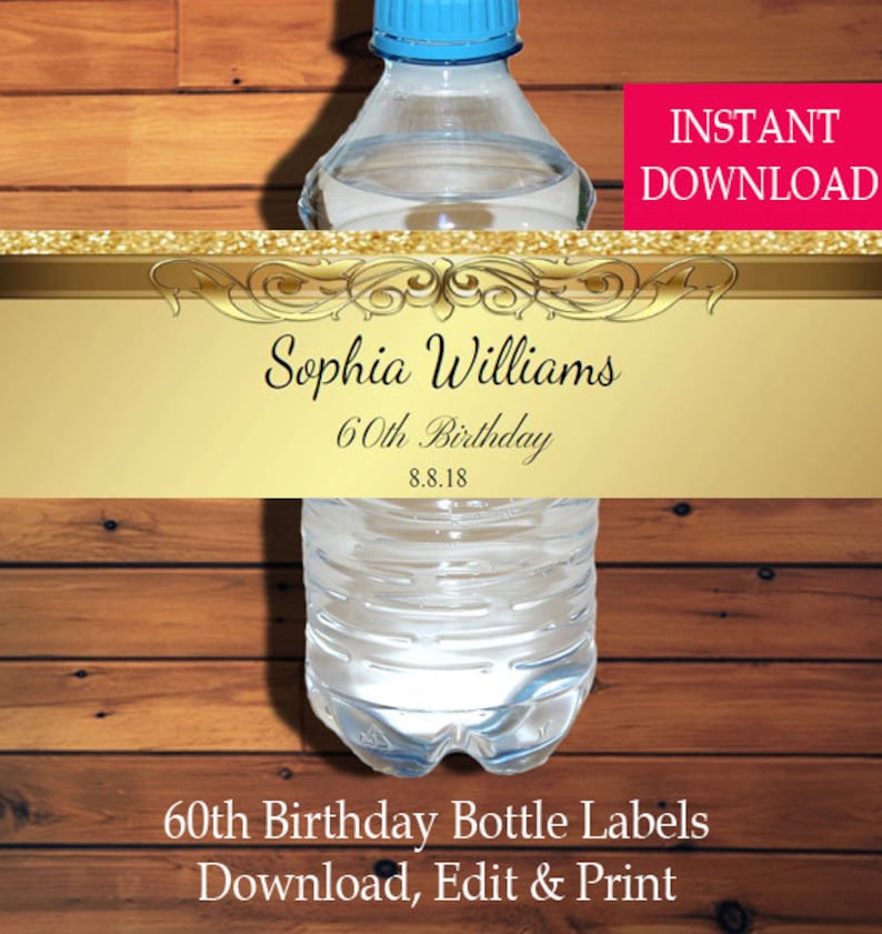 Gold 60th Birthday Water Bottle Label Birthday Bottle Labels Gold Water