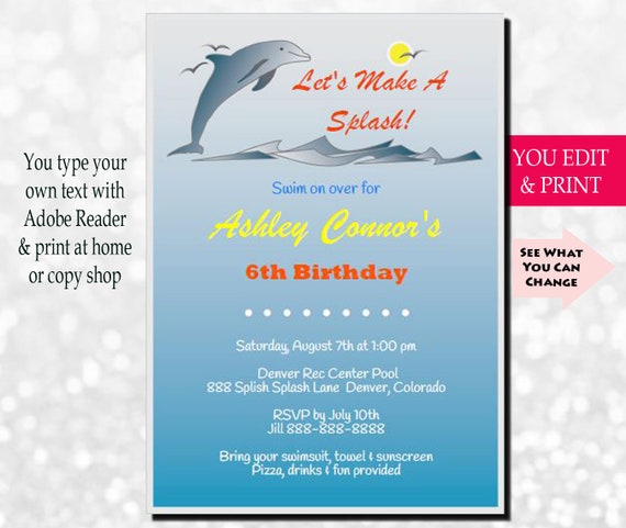 Dolphin Invitation, Dolphin Birthday Invitation, Pool Party Invitation, Beach Invitation, Let's Make A Splash Invitation, You Edit PDF Il_570xn