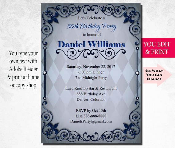 50th Invitation, 50th Birthday Invitation, 50th Birthday Party Invitation, 50th Mens Birthday Invitation, Male Bday, You Edit PDF Il_570xn