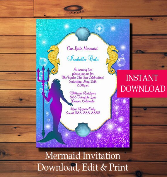 Mermaid Invitation Mermaid Party Invitation Mermaid Birthday Under The Sea Instant Download Edit With Adobe Reader Il_570xn