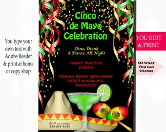 Cinco de Mayo Invitation, Cinco de Mayo Party Invitation, Fiesta Invitation, Mexican Fiesta Invitation,  You EDIT Yourself PDF