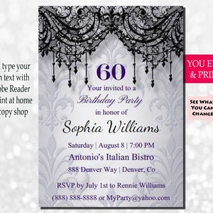 60th Birthday Invitation, Adult Birthday, Surprise Birthday, Women Birthday, Instant Download, Editable PDF, Printable, DIY, Sixty Birthday image 1