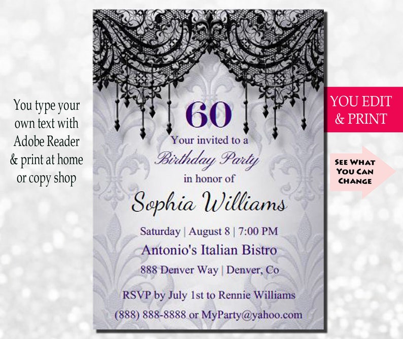 60th Birthday Invitation, Adult Birthday, Surprise Birthday, Women Birthday, Instant Download, Editable PDF, Printable, DIY, Sixty Birthday image 1