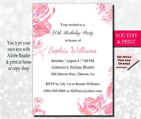 30th Birthday Invitation, Adult Birthday Invitation, 30th Birthday Party Invitation, Watercolor, Floral, Birthday Invitation, You Edit PDF Il_570xn