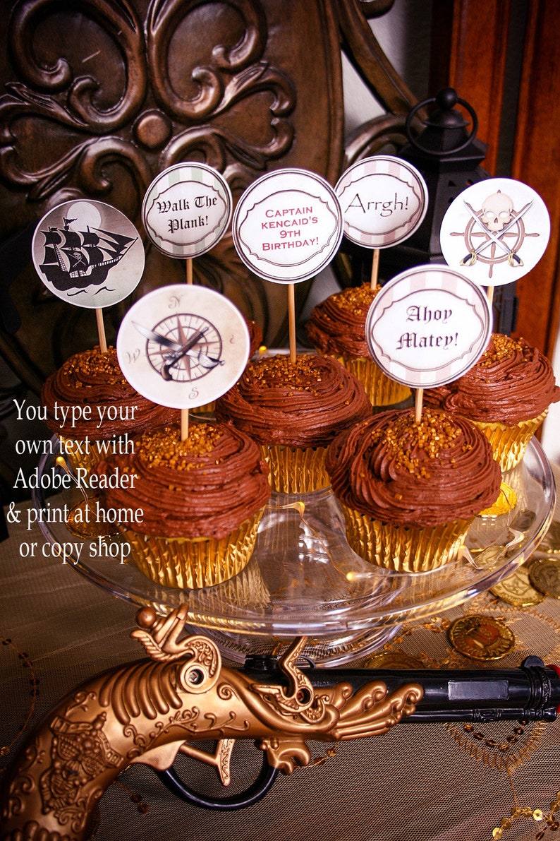 Pirate Cupcake Topper, Pirate Party Cupcake Topper, Pirate Birthday, Pirate Party, Cupcake Toppers, Instant Download, You Edit PDF image 1