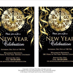 New Years Invitation, New Years Party Invitation, New Years Eve Invitation, Holiday Party Invitation, Holiday Invitation, Gold Glitter Clock image 4