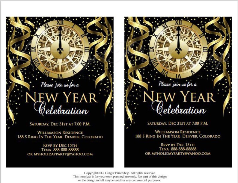 New Years Invitation, New Years Party Invitation, New Years Eve Invitation, Holiday Party Invitation, Holiday Invitation, Gold Glitter Clock image 4