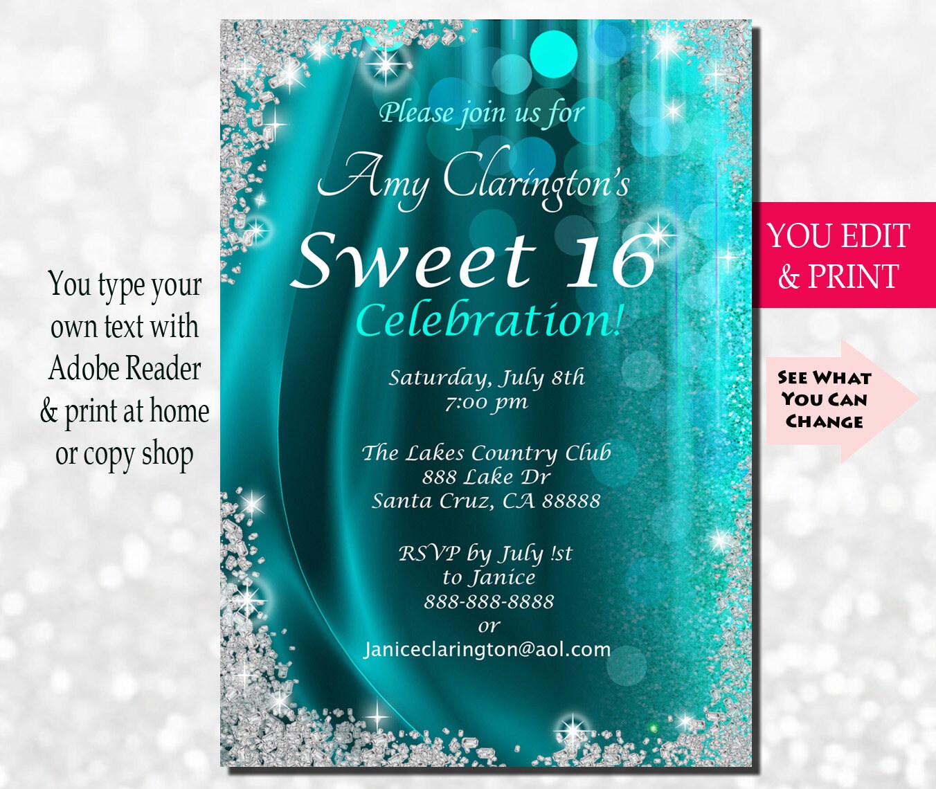 Sweet Sixteen Invitation, Sweet Sixteen Party Invitation, Sweet 16