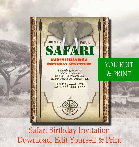 Safari Birthday Invitation, Safari Invitation, Safari Party Invitation, Elephant Safari Invitation, You Edit Yourself PDF Il_570xn