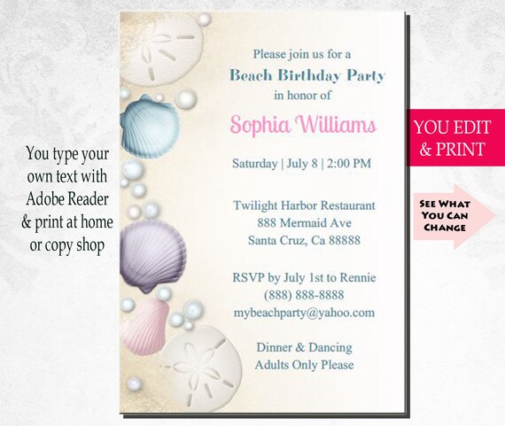 Beach Invitation, Beach Birthday Invitation, Beach Birthday Party Invitation, 30th 40th 50th birthday invitation, Seashells, You Edit PDF Il_570xn
