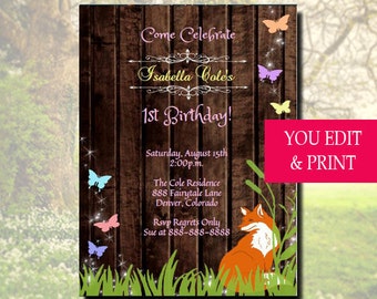 1st Birthday Invitation, 1st Birthday Party Invitation, First Birthday Invitation, Woodland Fox, Birthday Invitation, You Edit PDF