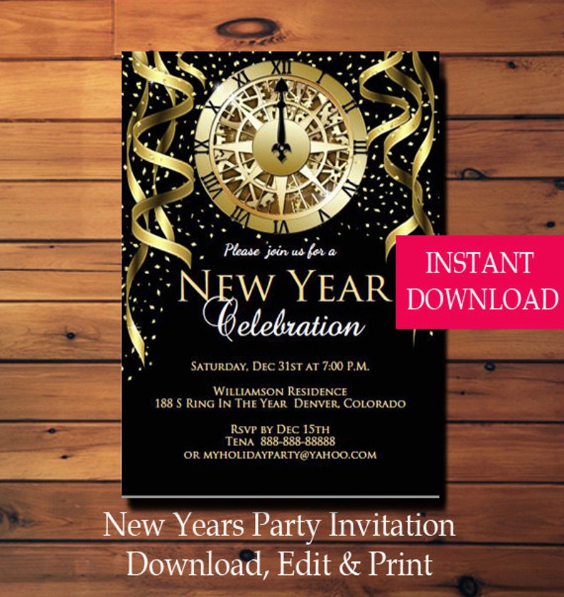 New Years Invitation, New Years Party Invitation, New Years Eve Invitation, Holiday Party Invitation, Holiday Invitation, Gold Glitter Clock image 3