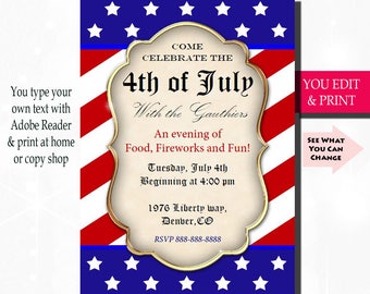 4th of July Invitation, Fourth of July Invitation, July 4th Invitation, 4th of July Party Invitation, Flag Invitation, You Edit PDF