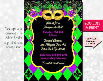 Mardi Gras Invitation, Mardi Gras Party Invitation, Masquerade Invitation, Masquerade Party Invitation, Gold Glitter Mask, EDIT YOURSELF