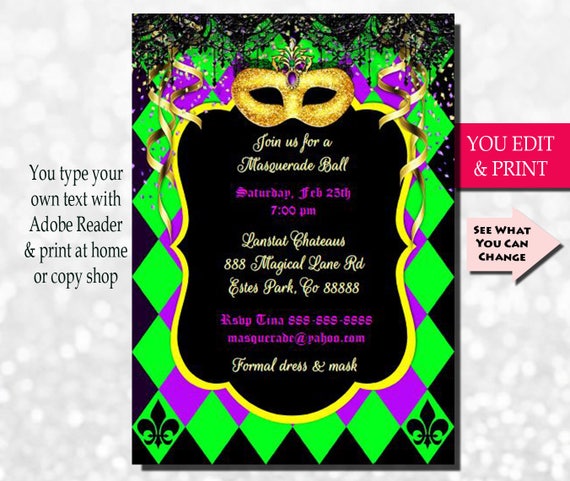 Mardi Gras Invitation, Mardi Gras Party Invitation, Masquerade Invitation, Masquerade Party Invitation, Gold Glitter Mask, EDIT YOURSELF Il_570xn