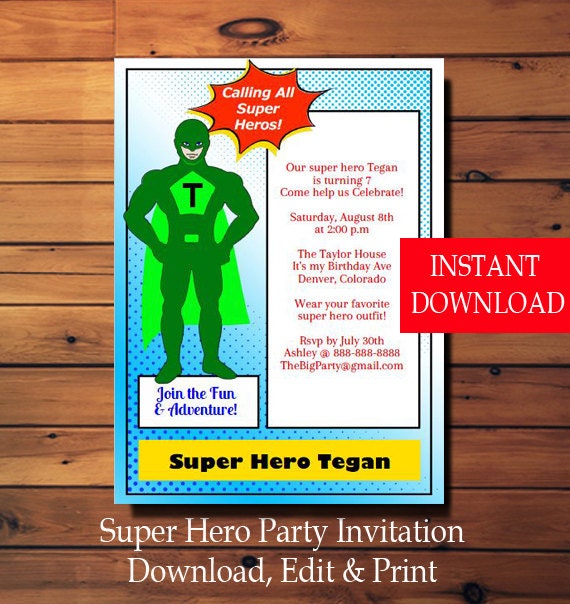 Super Hero Party Invitation Kids Super Hero Birthday Invitation INSTANT DOWNLOAD edit with Adobe Reader DIY Il_570xn