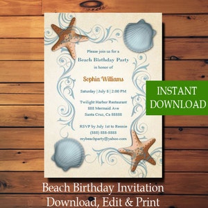 Beach Birthday Invitation, Beach Invitation, Beach Birthday Party Invitation, Tropical Birthday Invitation, Starfish Invite, You Edit PDF image 3