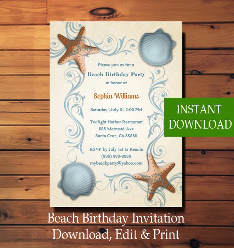 Beach Birthday Invitation, Beach Invitation, Beach Birthday Party Invitation, Tropical Birthday Invitation, Starfish Invite, You Edit PDF image 3