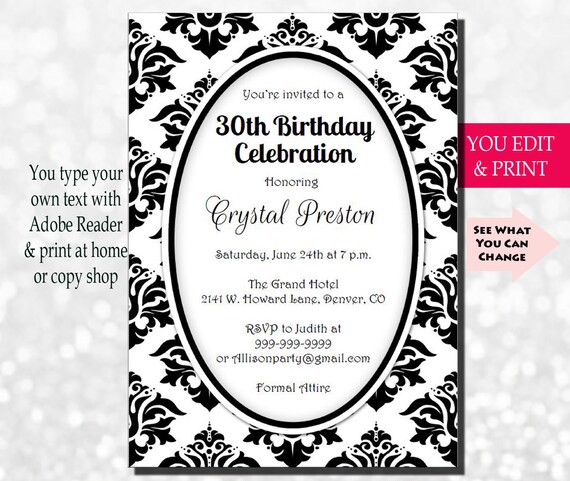 30th Birthday Invitation, 30th Birthday Party Invitation, 30th Party Invitation, 30th, 40th, 50th, Blk and White Damask, You Edit PDF Il_570xn