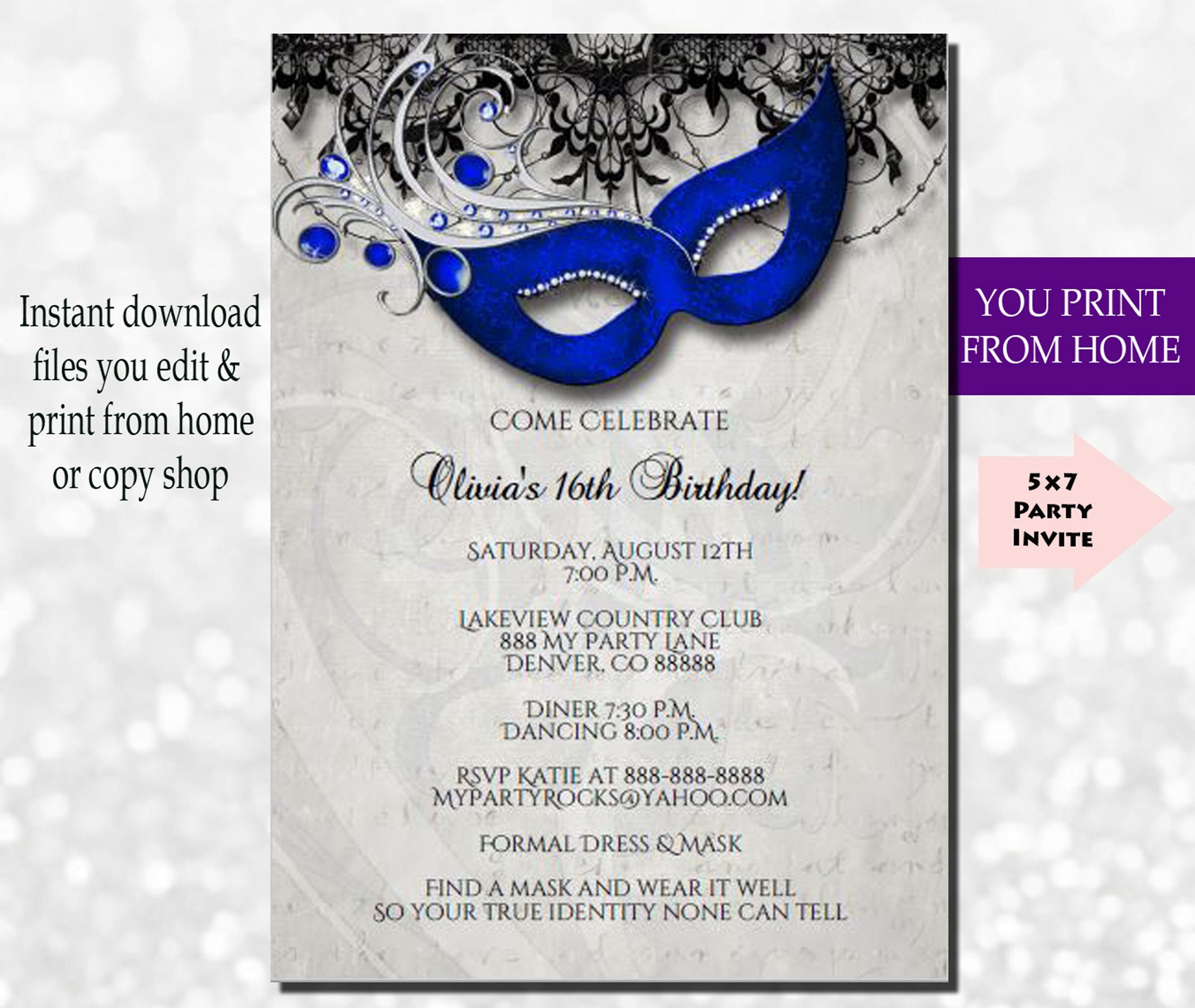 Masquerade Invitation, Masquerade Party Invitation, Masquerade Instant