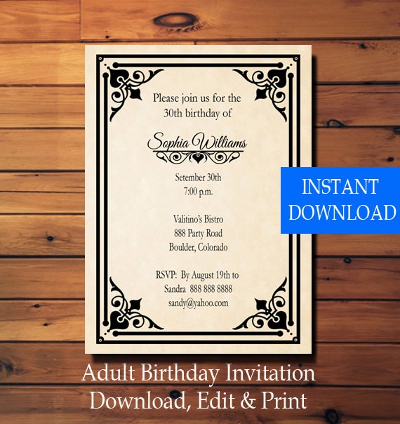 Printable Adult Birthday Invitation Template - Retro - Vintage - Instant Download - Editable PDF - Birthday - Adult Birthday - Il_570xn