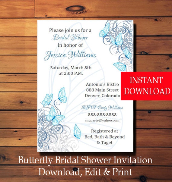 Bridal Shower Invitation, Shower Invitation, Butterfly Bridal Shower Invitation, Spring Bridal Shower Invitation, Blue Bridal Shower Invite Il_570xn
