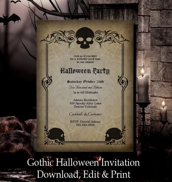 Halloween Invitation Halloween Party Invitation Gothic Skulls INSTANT DOWNLOAD Edit with Adobe Reader DIY Il_570xn