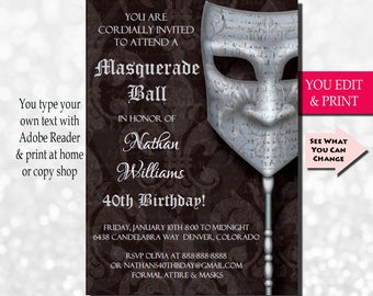 40th Birthday Invitation, Men's 40th Birthday Invitation, Mens Birthday Invitation, Casanova Masquerade, Invitation, EDIT YOURSELF  in Adobe