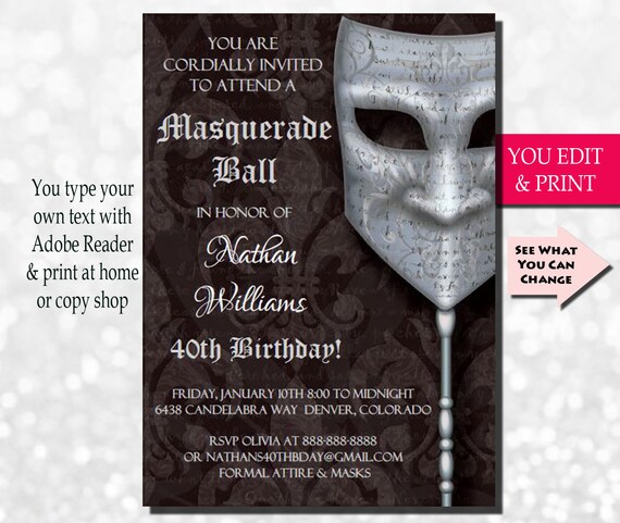 40th Birthday Invitation, Men's 40th Birthday Invitation, Mens Birthday Invitation, Casanova Masquerade, Invitation, EDIT YOURSELF in Adobe Il_570xn