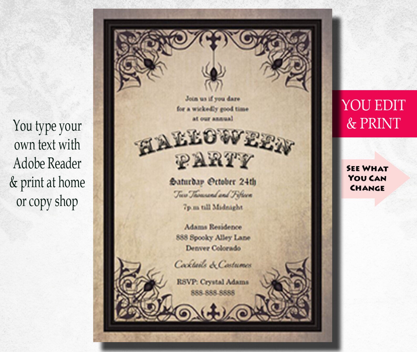 Halloween Party Invitation Spider, Halloween Invitation, Halloween
