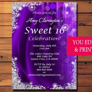 Sweet Sixteen Invitation, Sweet Sixteen Party Invitation, Sweet 16 Invitation, Sweet 16 Party Invitation, Sweet 16 Glitter, You Edit PDF image 3