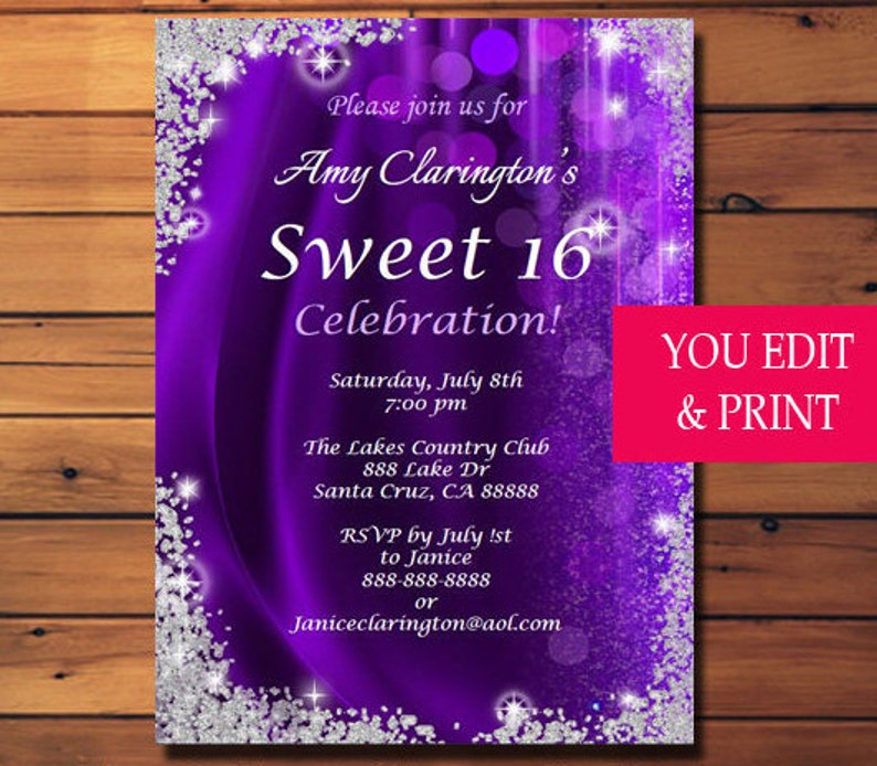 Sweet Sixteen Invitation, Sweet Sixteen Party Invitation, Sweet 16 Invitation, Sweet 16 Party Invitation, Sweet 16 Glitter, You Edit PDF image 3
