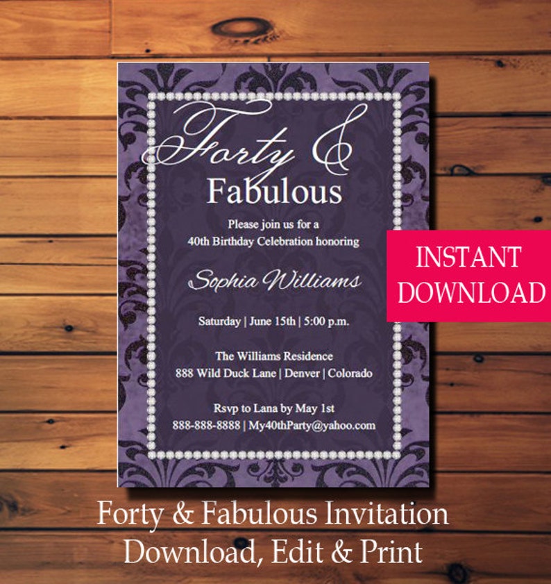 40th Birthday Party Invitation Fabulous Forty Birthday 40th - Etsy