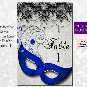 Download immediato di numeri da tavolo stampabili Masquerde 1-24 blu navy e argento, numeri da tavolo per matrimonio, Masquerade, decorazione per feste
