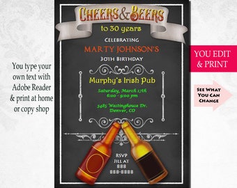 Cheers and Beers Invitation, Cheers and Beers Birthday Invitation, Cheers and Beers Birthday Party Invitation, 30th Birthday, You Edit PDF