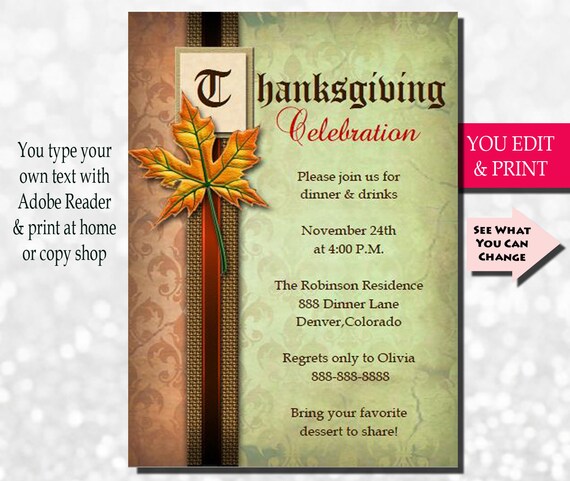 Elegant Thanksgiving Invitation, Thanksgiving Dinner Invitation, Thanksgiving Party Invitation, Fall Invitation, Turkey Day Invitation, PDF Il_570xn
