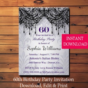 60th Birthday Invitation, Adult Birthday, Surprise Birthday, Women Birthday, Instant Download, Editable PDF, Printable, DIY, Sixty Birthday image 3