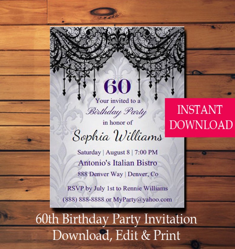 60th Birthday Invitation, Adult Birthday, Surprise Birthday, Women Birthday, Instant Download, Editable PDF, Printable, DIY, Sixty Birthday image 3