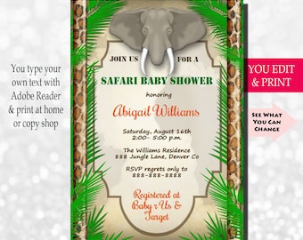 Elephant Baby Shower Invitation, Jungle Baby Shower Invitation, Safari Baby Shower Invitation, Baby Shower Invitation, You Edit PDF