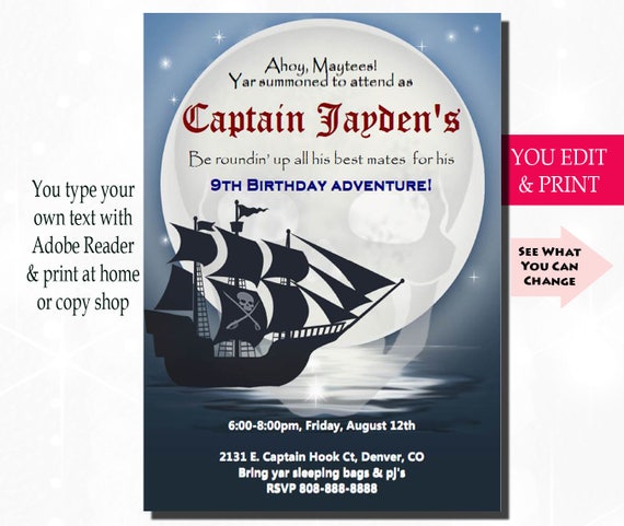 Pirate Ship Birthday Invitation, Pirate Invitation, Pirate Birthday Invitation, Boys Birthday Invitation, You Edit PDF Il_570xn