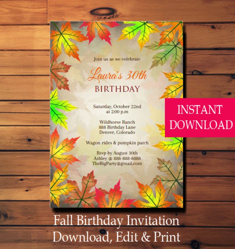 Fall Birthday Invitation, Rustic Birthday Invitation, Fall 30th Birthday Invitation, Fall Leaves, Autumn, Invite, Edit With Adobe Reader DIY image 4