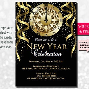New Years Invitation, New Years Party Invitation, New Years Eve Invitation, Holiday Party Invitation, Holiday Invitation, Gold Glitter Clock image 1
