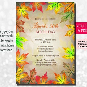 Fall Birthday Invitation, Rustic Birthday Invitation, Fall 30th Birthday Invitation, Fall Leaves, Autumn, Invite, Edit With Adobe Reader DIY image 1