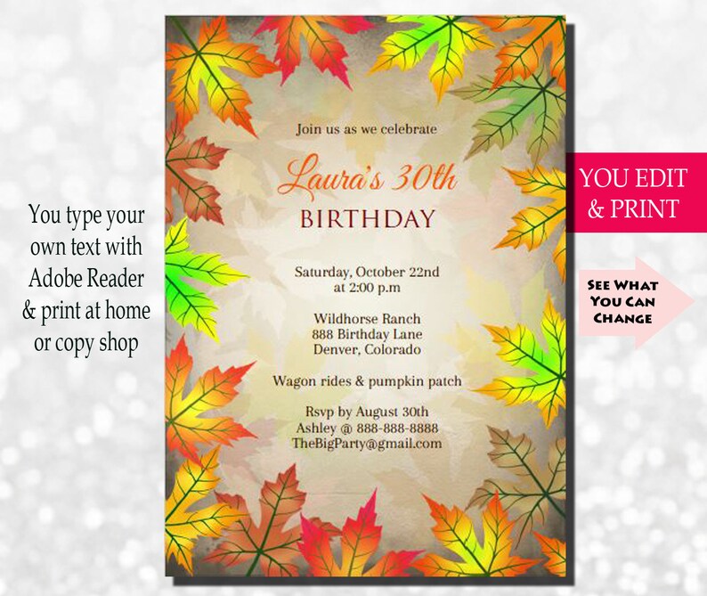 Fall Birthday Invitation, Rustic Birthday Invitation, Fall 30th Birthday Invitation, Fall Leaves, Autumn, Invite, Edit With Adobe Reader DIY image 1