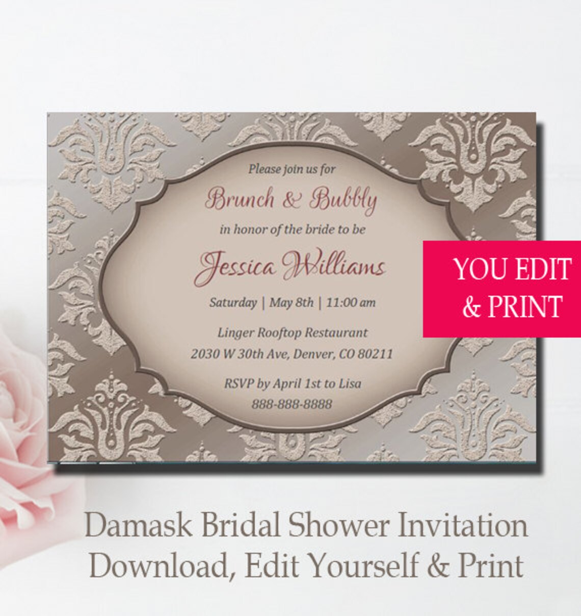 Bridal Shower Invitation Damask Bridal Shower Invitation Etsy
