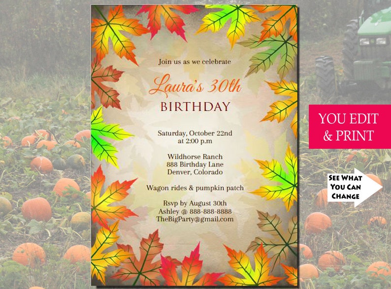 Fall Birthday Invitation, Rustic Birthday Invitation, Fall 30th Birthday Invitation, Fall Leaves, Autumn, Invite, Edit With Adobe Reader DIY image 3