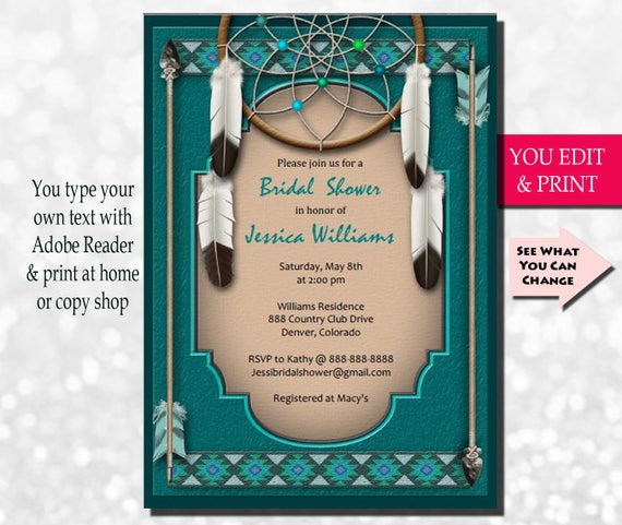 Bridal Shower Invitation, Boho Bridal Shower Invitation, Tribal Bridal Shower Invitation, Navajo Dream Catcher, Arrow Invitation, You Edit Il_570xn