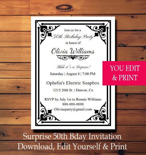 50th Birthday Invitation, Surprise Birthday Invitation, Surprise 50th Birthday Invitation, Black and White Retro Invitation, Edit Yourself Il_570xn