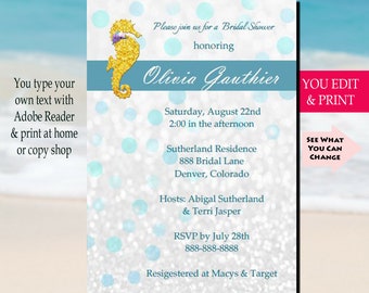 Beach Bridal Shower Invitation, Glitter Beach Wedding Shower Invitation, Seahorse Bridal Shower Invitation, Bridal Shower, You Edit PDF