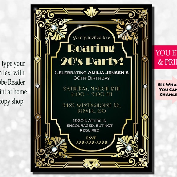 30th Birthday Invitation, Gatsby Invitation, Gatsby Birthday Invitation, Great Gatsby Birthday Invitation, Edit Yourself in Adobe Reader